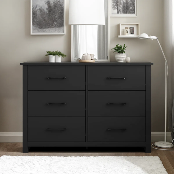 Modern 6-Drawer Double Dresser with Flared Feet and Sleek Black Metal Handles