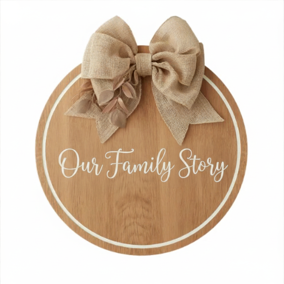 'Our Family Story' Wooden Plaque with Burlap Bow