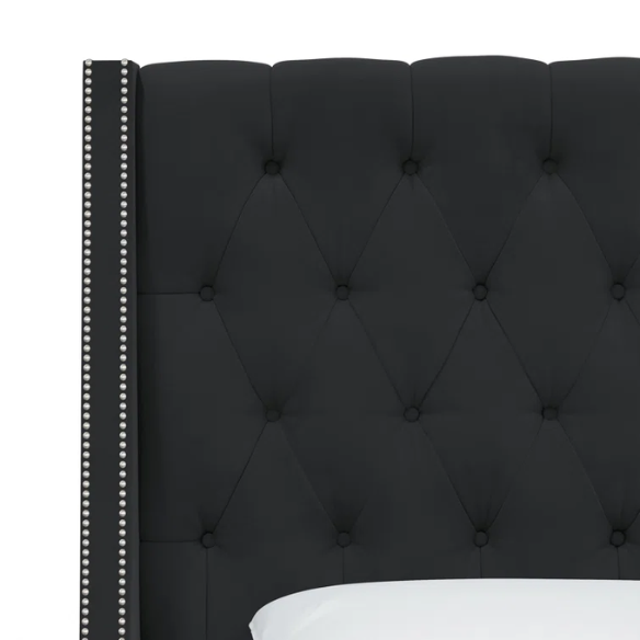 Chic Upholstered Wingback King Size Bed with Button Tufting and Nailhead Trim