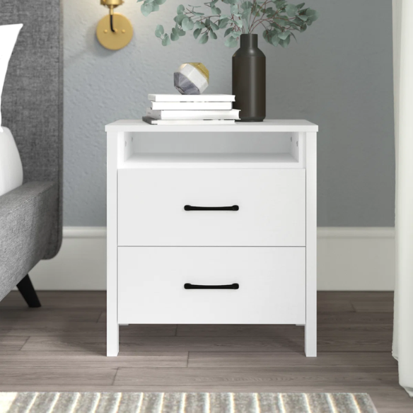 22.7" 2-Drawer Nightstand – Space-Saving Modern Minimalism, Engineered Wood with Clean-Lined Silhouette, Neutral Finish, Open Cubby & 2 Spacious Drawers for Bedroom Storage, Ideal for Tech & Accessories