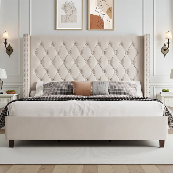 Queen Size Upholstered Velvet Bed – The Epitome of Luxury and Comfort with Majestic 61.4-Inch Extra-High Headboard
