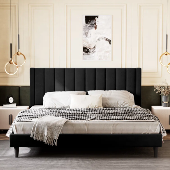 King Size Upholstered Platform Bed with Velvet Headboard, Foam Padding, and Noise-Free Construction for Ultimate Comfort
