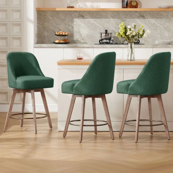 Modern Counter Height Swivel Bar Stool – Upholstered Faux Leather/Polyester Blend Seat, Solid Beech Wood Frame, Ergonomic High Back, Bronze Metal Footrest, 300lb Capacity for Kitchen, Bar, or Pub