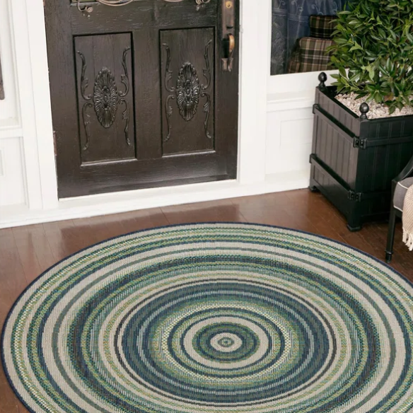 Coastal-Inspired Geometric Rug – Fade & Stain-Resistant,Ivory,Green,Blue Pattern, Ideal for Indoor/Outdoor Use
