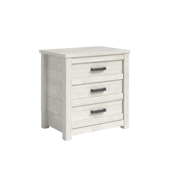 3-Drawer Solid Wood Nightstand – Rustic Distressed Finish, Clean-Lined Plank Design, Metal Hardware for Easy Access, Perfect for Storing Bedside Essentials in Traditional Bedrooms