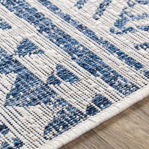 Striped Geometric Area Rug – Blue & Cream White, Durable Polypropylene, Low-Pile Design for High-Traffic Indoor/Outdoor Spaces