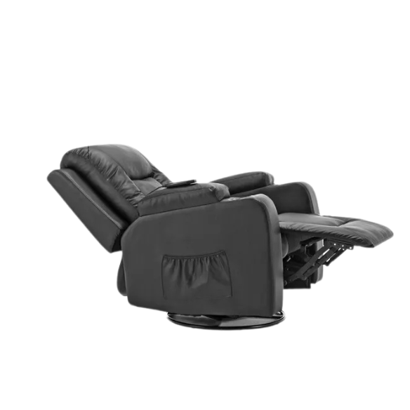 Black massage recliner with heating, vibration, and manual reclining features for ultimate comfort and relaxation. Soft faux leather upholstery, overstuffed padding, and a sturdy alloy steel frame combine style and durability. Includes remote control, dual cup holders, and convenient side pocket for storage.