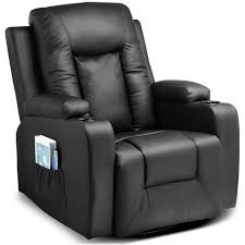 Black massage recliner with heating, vibration, and manual reclining features for ultimate comfort and relaxation. Soft faux leather upholstery, overstuffed padding, and a sturdy alloy steel frame combine style and durability. Includes remote control, dual cup holders, and convenient side pocket for storage.