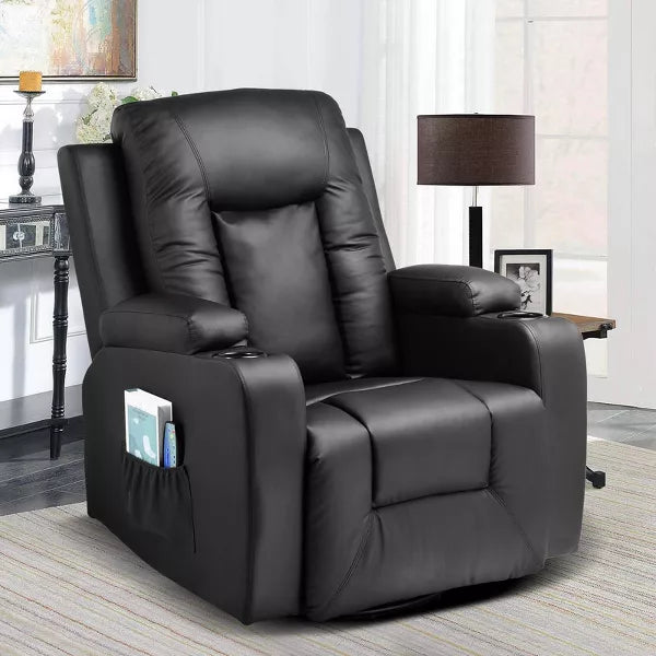 Black massage recliner with heating, vibration, and manual reclining features for ultimate comfort and relaxation. Soft faux leather upholstery, overstuffed padding, and a sturdy alloy steel frame combine style and durability. Includes remote control, dual cup holders, and convenient side pocket for storage.