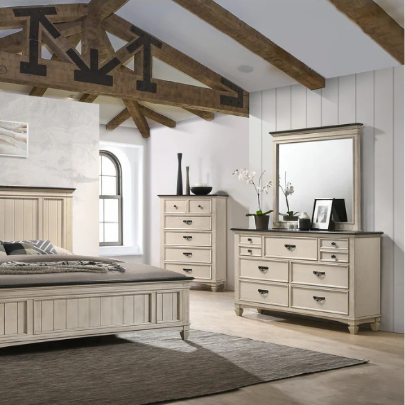 Elegant 5-Piece Cream and Brown Modern Wood Panel Bedroom Set with Intricate Detailing