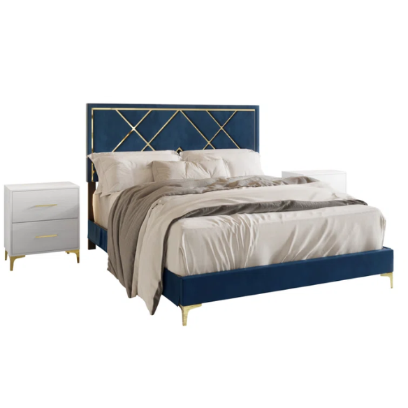 Luxurious Royal Blue Upholstered Platform 3-Piece Twin Bedroom Set