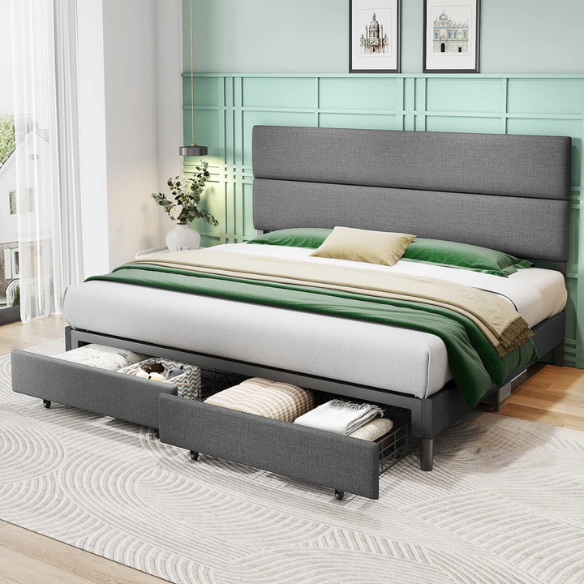 Linen Upholstered Bed Frame – Full/Double Size with Height Adjustable Headboard & 2 Built-In Storage Drawers