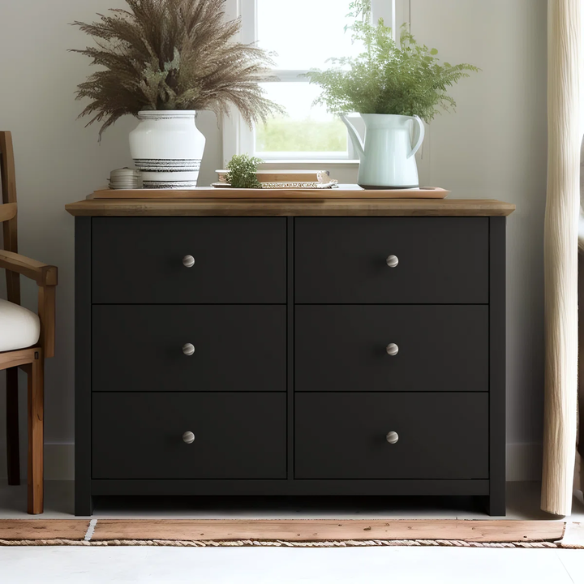 Modern 6-Drawer Double Dresser with Angled Sled Legs and Round Metal Hardware