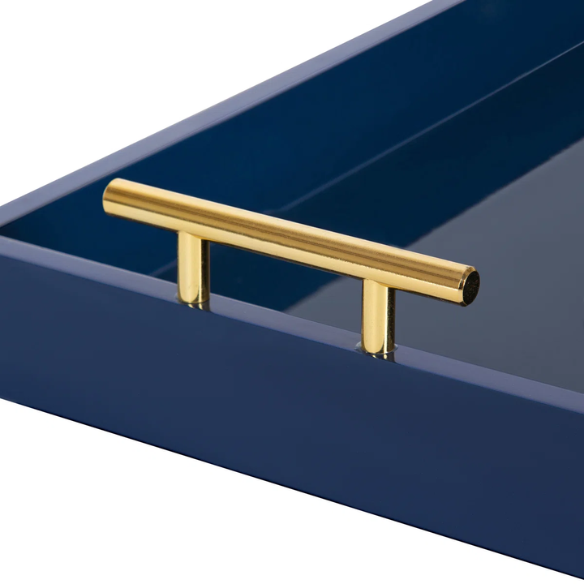 Sleek and Sophisticated Long Rectangular Serving Tray – High Gloss Wood with Polished Metal Handles, Perfect for Entryway, Vanity, or Coffee Table