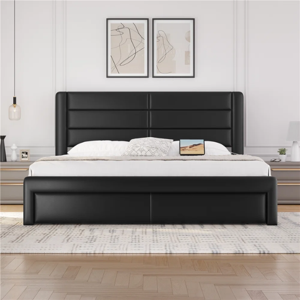 King Size Vegan Leather Metal Platform Storage Bed with 3 Drawers, Tufted Headboard, and Built-In USB Ports – Modern Design for Ultimate Comfort and Convenience
