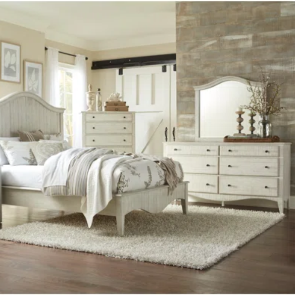 Rustic Charm Meets Chic Elegance: Solid Wood Platform King Size Bedroom Set with Scalloped Edges, Weathered White Wash Finish, Unique Grain Patterns, Angled Feet, and Oil-Rubbed Bronze Drawer Pulls