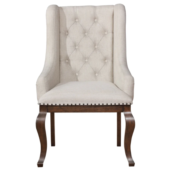 Beige Button Tufted Upholstered Arm Chairs with Dark Brown Wooden Legs (Set of 2) – Elegant Accent Dining or Lounge Seating