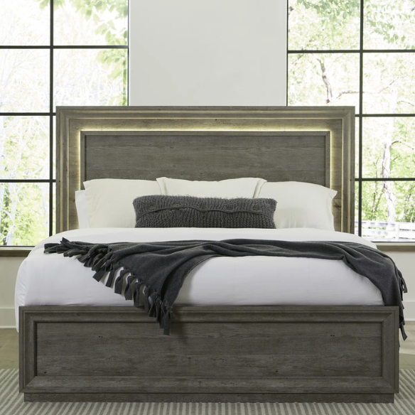Contemporary Queen Bedroom Set with Brushed Nickel Storage Bed, LED-Illuminated Headboard, Dresser, Mirror, and Nightstand with Charging Station