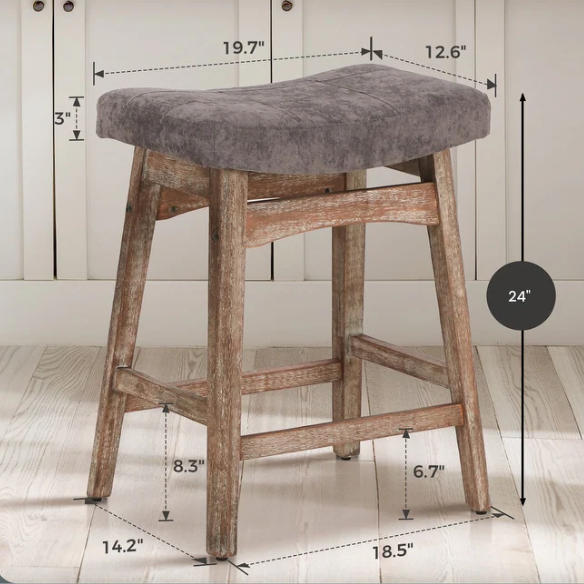 24-Inch Solid Wood Barstools with Linen/PU Leather Fabric Cushion – Set of 2 Backless Saddle Seat Counter Stools for Modern Living