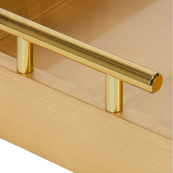 Sleek and Sophisticated Long Rectangular Serving Tray – High Gloss Wood with Polished Metal Handles, Perfect for Entryway, Vanity, or Coffee Table