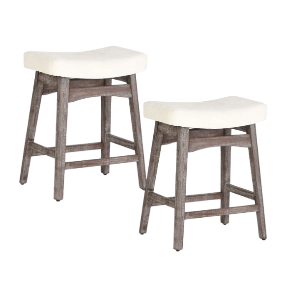 24-Inch Solid Wood Barstools with Linen/PU Leather Fabric Cushion – Set of 2 Backless Saddle Seat Counter Stools for Modern Living