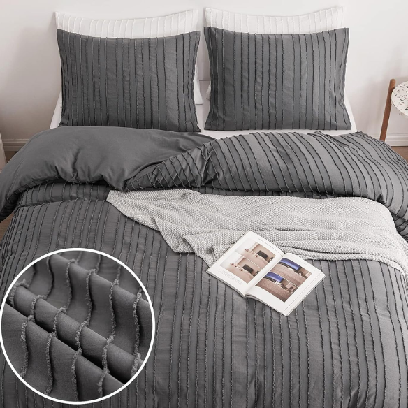 Luxurious Tufted Duvet Cover Set – Queen Size | Striped Textured Boho Bedding | Ultra-Soft Washed Microfiber | 3-Piece Set