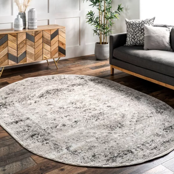 Distressed Oriental-Inspired Indoor Rug – Gray, Silver & Ivory Medallion Pattern, Stain-Resistant, Fade-Resistant, Perfect for Traditional & French Country Décor