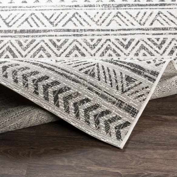 Striped Geometric Area Rug – Charcoal & Off-White, Durable Polypropylene, Low-Pile Design for High-Traffic Indoor/Outdoor Spaces