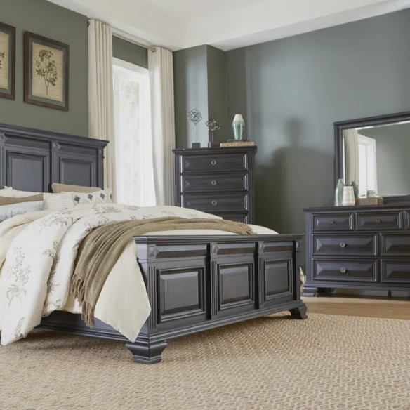 5-Piece King Bedroom Set – Solid Wood Construction with Muted Silver Accents, Fluted Pilasters, French Bracket Foot Bases, and Elegant Dovetail Drawer Detailing for Timeless Sophistication