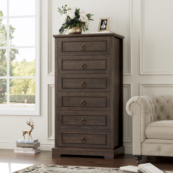 French Country-Inspired 5-Drawer Chest with Metal Ring Handles, Paneled Detailing, and Classic Crown Molding