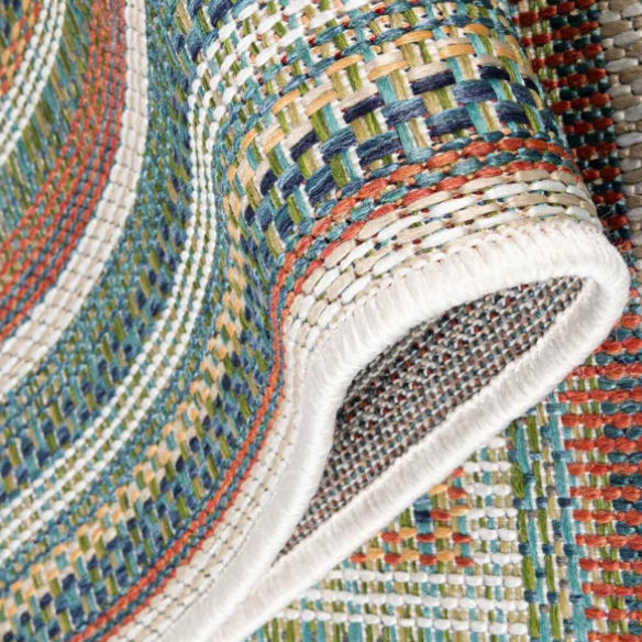 Coastal-Inspired Geometric Rug – Fade & Stain-Resistant, Green & Orange Pattern, Ideal for Indoor/Outdoor Use