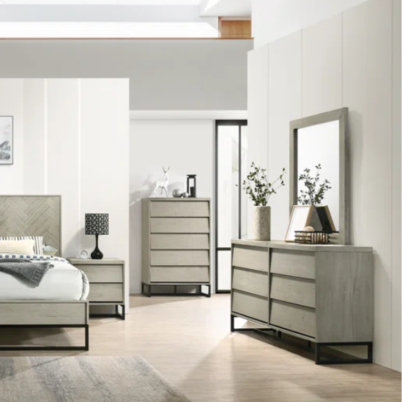 Industrial Mid-Century Modern Platform Bedroom Set with Herringbone Design Headboard – Stylish and Versatile