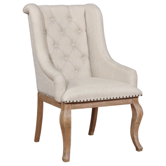 Beige Button Tufted Upholstered Arm Chairs with Light Tan Wooden Legs (Set of 2) – Elegant Accent Dining or Lounge Seating