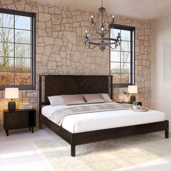 Solid Wood Platform King Size Bed with Headboard and Sturdy Steel Frame, Rustic Design