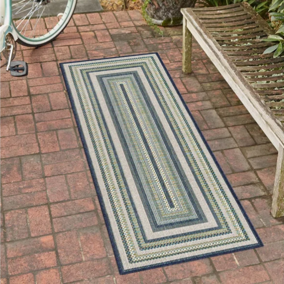 Coastal-Inspired Geometric Rug – Fade & Stain-Resistant,Ivory,Green,Blue Pattern, Ideal for Indoor/Outdoor Use