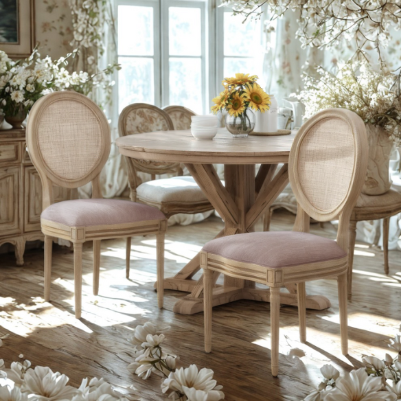 Light Blush Upholstered Dining Chairs with Wicker Back and Distressed Natural Wood Legs (Set of 2) – Farmhouse French Country Accent Seating