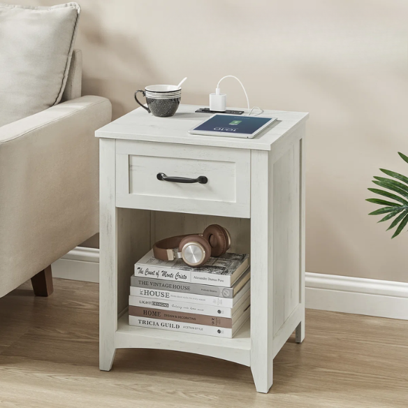 Farmhouse-Style Nightstand with Built-In Charging Station – Engineered Wood, Spacious Top, Drawer & Open Compartment, Matte Black Metal Handle, USB-A & USB-C Ports, AC Outlets, Ideal for Bedroom or Living Room