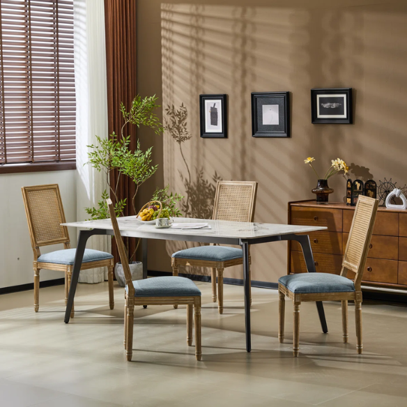 French Country Wood and Cane Upholstered Dining Chairs – Weathered Rubberwood Frame with Fluted Legs & Rectangular Cane Backrest