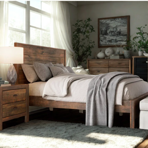Rustic Solid Pine Wood King Size Panel Bed with Distressed Finish and Streamlined Headboard