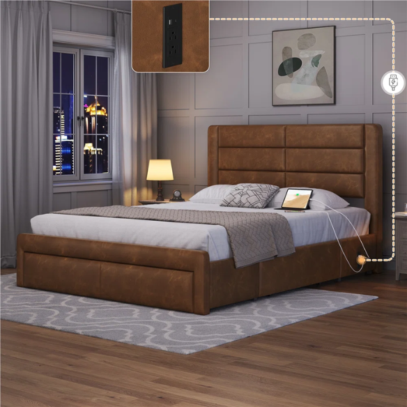 King Size Vegan Leather Metal Platform Storage Bed with 3 Drawers, Tufted Headboard, and Built-In USB Ports – Modern Design for Ultimate Comfort and Convenience