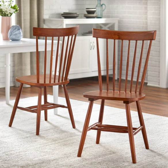 Farmhouse Spindle Back Dining Chairs – Set of 2, Solid Rubberwood
