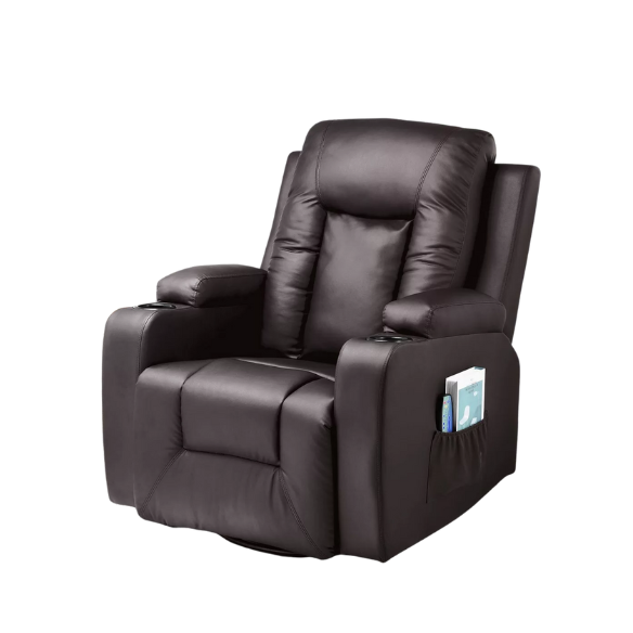 Mocha Brown Massage Recliner with Heat, Vibration, and Swivel – Comfort and Style. Features 8 vibrating motors, 5 massage modes, heating function for waist relief, manual reclining, and rocking. Includes remote control, cup holders, and side pocket for convenience. Ideal for relaxation in living rooms and bedrooms.