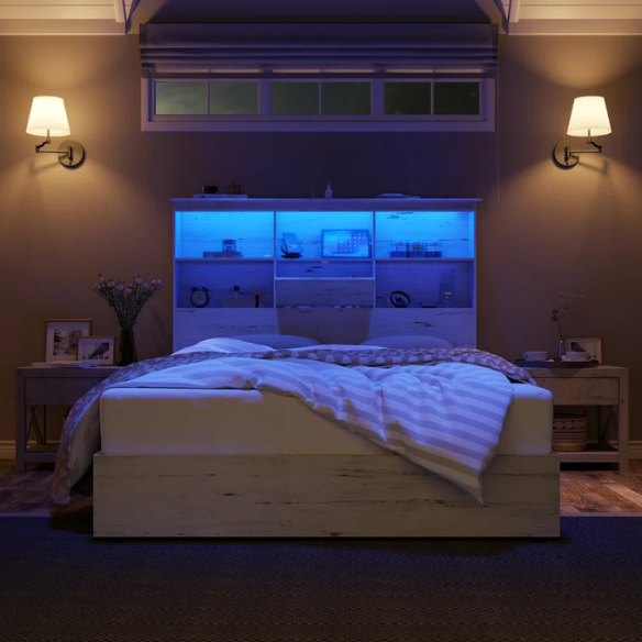 Innovative LED Bookcase Bed – Full/Double Size with Built-In Storage, Sleek Design, and LED Lighting for Modern Living