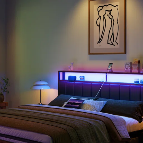 Modern LED King Size Bed Frame with Storage Drawers and Built-in Charging Station