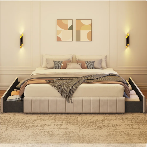 King Size Upholstered Platform Storage Bed with Velvet Fabric, Channel-Tufted Accents, and Built-In Drawers for Extra Storage