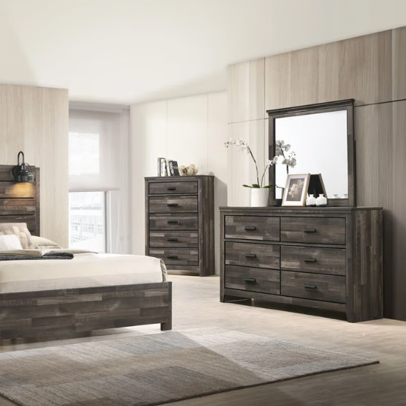 Rustic Dark Grey Weathered 6-Piece Platform Bedroom Set with Bold Black Hardware – Frame-Style Design, Metal-on-Metal Drawer Guides, and Sturdy Construction