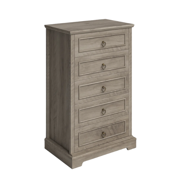 French Country-Inspired 5-Drawer Chest with Metal Ring Handles, Paneled Detailing, and Classic Crown Molding