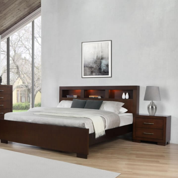 5-Piece Queen Bedroom Set with Bookcase Headboard & Storage – Warm Cappuccino Finish