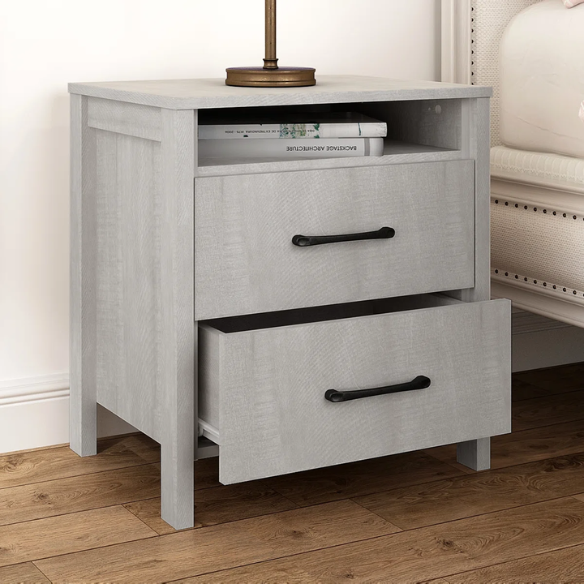 22.7" 2-Drawer Nightstand – Space-Saving Modern Minimalism, Engineered Wood with Clean-Lined Silhouette, Neutral Finish, Open Cubby & 2 Spacious Drawers for Bedroom Storage, Ideal for Tech & Accessories