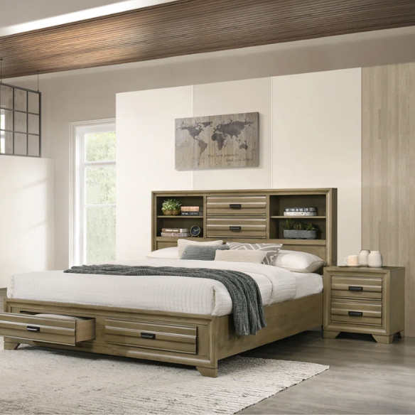 Contemporary Solid Wood 4-Piece Platform Queen Bedroom Set – Storage Bed with Headboard Shelves, Dresser, Nightstand, and Textured Drawer Fronts